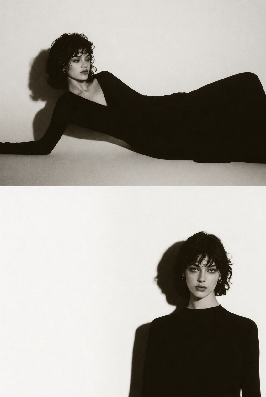 Two fashion photographs: a reclining portrait above a seated portrait in a black dress