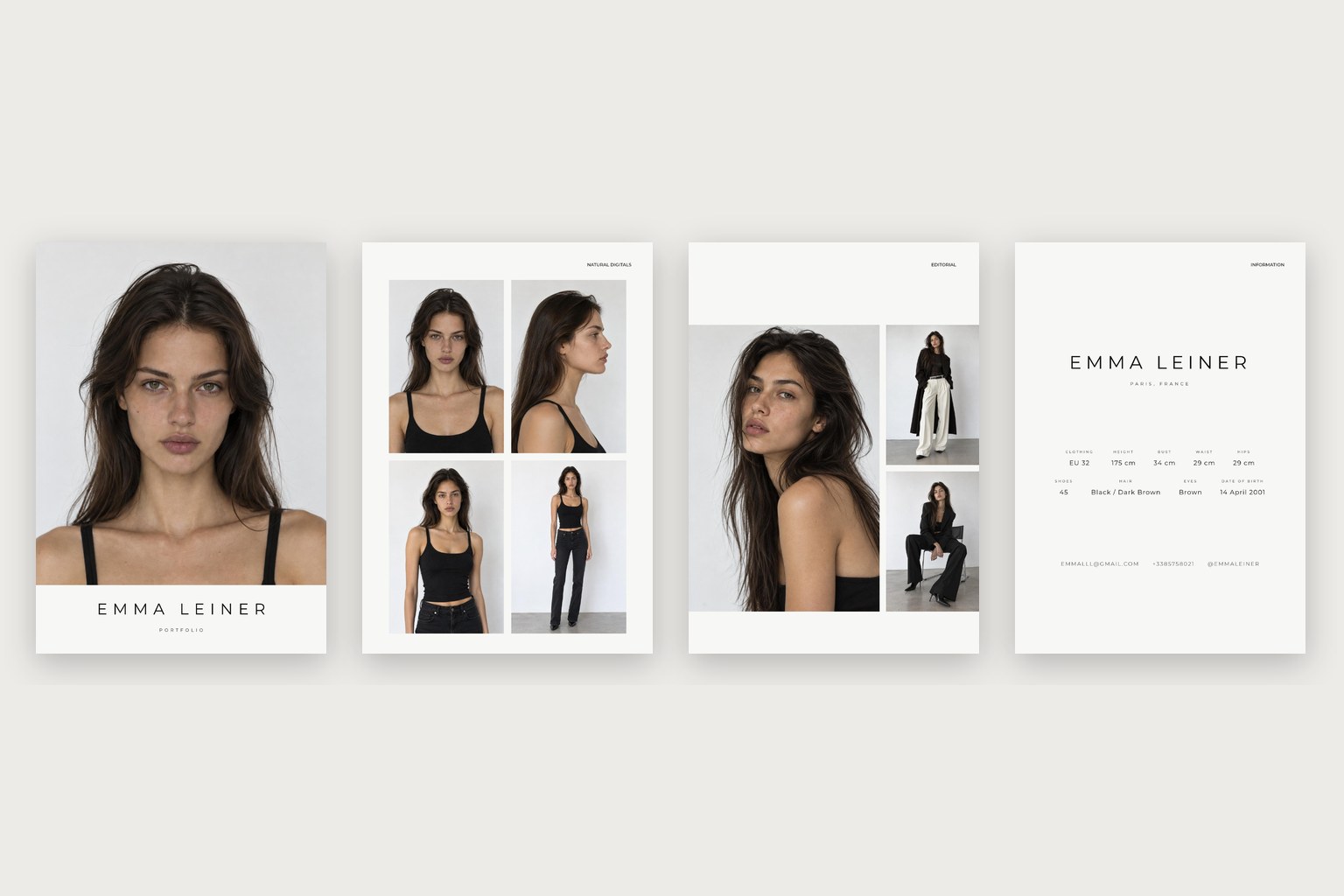 Mockup of an open professional portfolio with one page of four natural digital photographs and one page of three editorial photographs